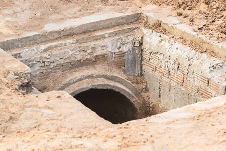 Old concrete pipe used for drainage The top is designed in four shape to use a slab of concrete overlay.の写真素材