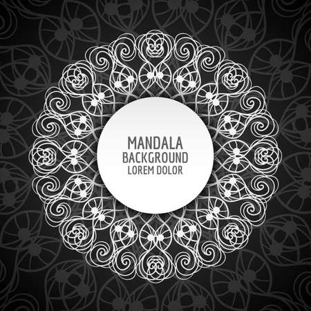 Vector mandala. White mandala on black background. Flower white mandala. Vintage decorative element. For print, poster, background, invite card, shirt.のイラスト素材