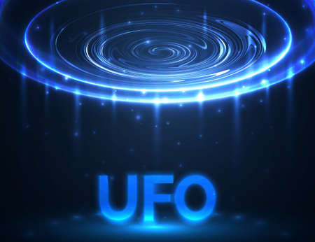 Vector UFO. Light in dark. Blue glowing. Space. Abstract alien background.のイラスト素材
