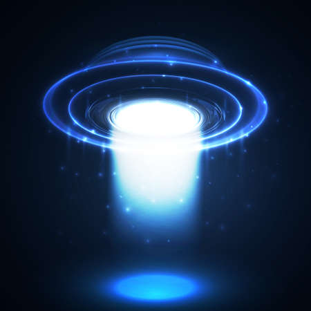 Vector UFO. Light in dark. Blue glowing. Space. Abstract alien background.のイラスト素材