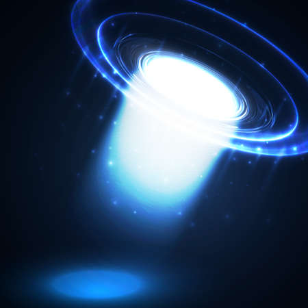 Vector UFO. Light in dark. Blue glowing. Space. Abstract alien background.のイラスト素材