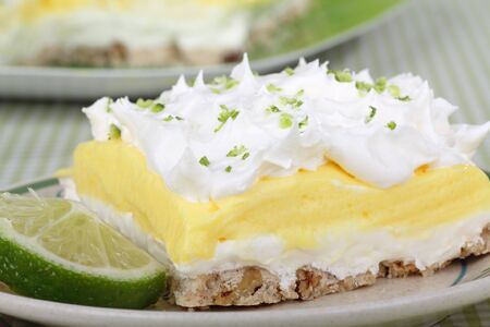 Closeup of a lemon lime pudding dessert with a lime sliceの写真素材
