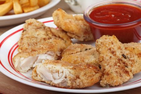 Breaded fish meal with sauce on a plateの写真素材