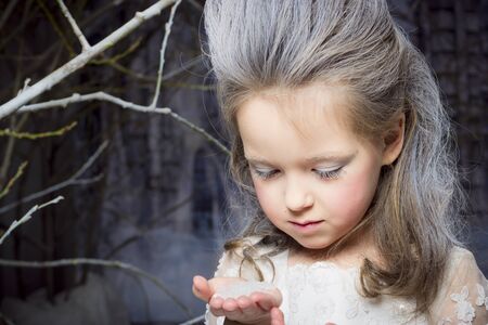 Snow Princess Queen - beautiful little girl with a winter makeover in a white dress with blue ribbon, on a background gate in fabulous frozen forestの写真素材