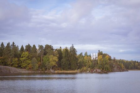 VYBORG, RUSSIA - OCTOBER 4, 2015: Isle of the Dead and the chapel of Ludwigstein in Monrepos Mon Repos landscape park at Vyborg, Russiaのeditorial素材
