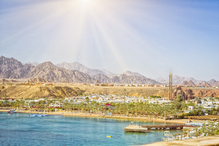 SHARM EL SHEIKH, EGYPT - FEBRUARY 20, 2014: February day on the beach in Sharm-El-Sheikh, the red sea coast from the height of the hotel beach Albatros resort, Sharm El Sheikh, Egyptのeditorial素材