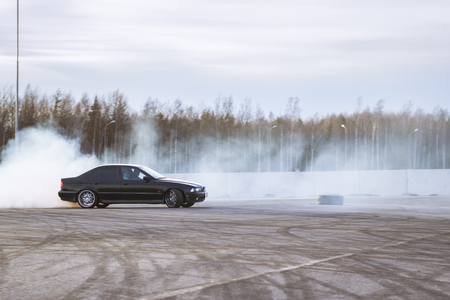 SAINT-PETERSBURG, RUSSIA - APRIL 5, 2014: Old-car BMW 5-series e39 to drift at the meeting fans of the Bavarian automaker, St. Petersburg, Russiaのeditorial素材