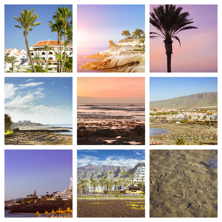 Sunny summer beach travel vacation. Collage with popular types of Tenerife, Canary Islands, Spain. Sandy beach with sun umbrella and lounge chairs, Teide volcano, tropical nature, rocky shore of oceanの写真素材