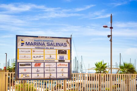 TORREVIEJA, SPAIN - SEPTEMBER 13, 2014: Puerto deportivo Marina Salinas. Yachts and boats parked at dock in Marina of Torrevieja. Banner with logo. Valencia, Spainのeditorial素材