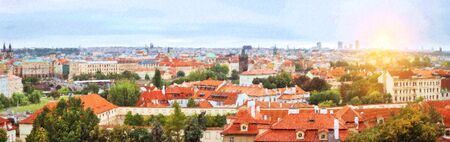 Prague, Czech Republic. Scenic summer aerial view of the Old Town architecture over Vltava river. Photo stylized illustrationの写真素材