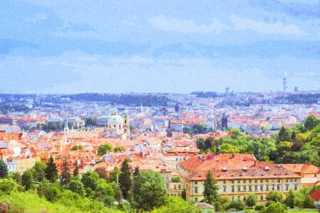 Prague, Czech Republic. Scenic summer aerial view of the Old Town architecture over Vltava river. Photo stylized illustrationの写真素材