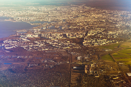 Panorama of St.-Petersburg from height, aerial view of landscape with residential buildings, high speed roads, densely populated residential districts and Gulf of Finland. Saint Petersburg, Russiaの写真素材