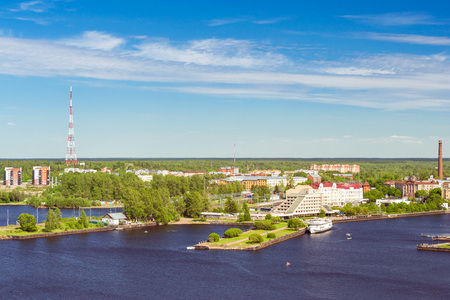 Vyborg, city views, horizons and Bay from height of Vyborg fortress, Leningrad region, Saint-Petersburg, Russia. Summer Sunny day in medieval tourist townのeditorial素材