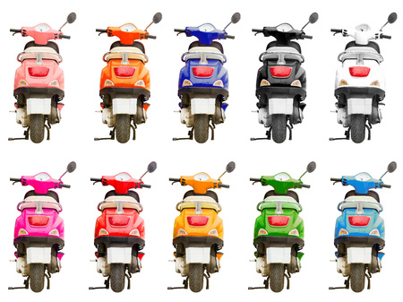 Set of 10 multi-colored scooter isolated on background. Stylish bright hipster two-wheeled moped is perfect vehicle for narrow streets of resort & congested metropolises. Image contains clipping pathのeditorial素材