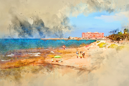 Sunny Mediterranean beach, Tourists relax on warm sand on loungers under parasols. People bathe in crystal clear salty water of sea, Torrevieja, Valencia, Spain. Digital watercolor paintingの写真素材