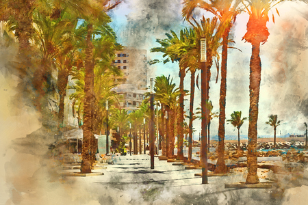 Coastal pedestrian street Av de los Marineros with tourist shops, cafes and restaurants. Nearby is Sunny Mediterranean beach, Torrevieja, Spain. Digital watercolor paintingの写真素材