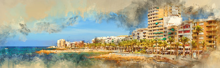 Sunny Mediterranean beach, Tourists relax on warm shore of sea on loungers under parasols. People bathe in crystal clear salty water of sea, Torrevieja, Spain. Digital watercolor paintingの写真素材
