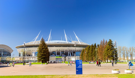 St.Petersburg, Russia - 9 may, 2018: 21st FIFA world Cup 2018. Stadium Saint-Petersburg. Zenit Arena football stadium on Krestovsky opened in 2017 FIFA Confederations Cup. Sports complex SIBUR arenaのeditorial素材