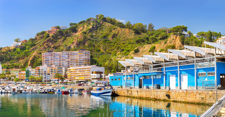 Fishing boats and yachts moored at pier in port Blanes. Motorboats with catch of sea fish, oysters, squid, sea delicacies. Fish auction for wholesalers and restaurants. Blanes, Spain, Costa Bravaの写真素材