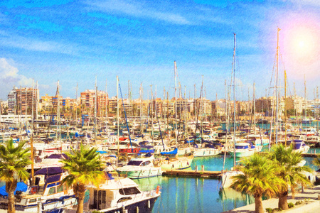 Yachts and boats parked at pier in port Marina of Torrevieja. Bay with piers in centre of resort town. Torrevieja, Spain. Puerto deportivo Marina Salinas, Valencia, Spain. Photo stylized illustrationの写真素材