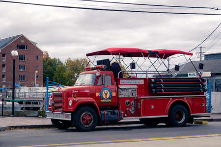 Portland, Maine - U.S.A. - 10-28-2021: An old fire truck converted into a tour bus in Portland...