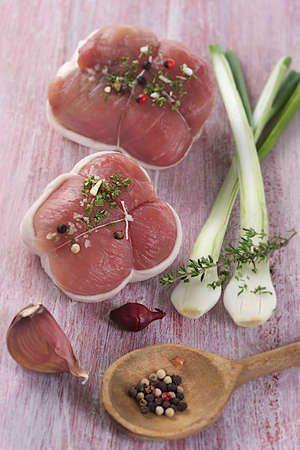 fresh chicken roulade with onionの写真素材