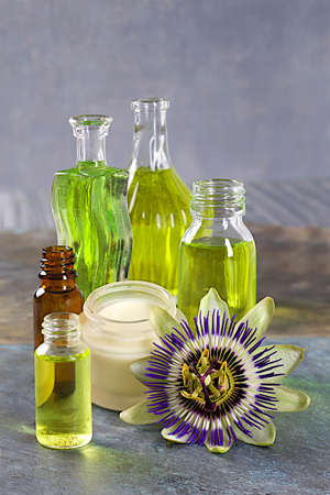 Naturel cosmetics collection - cream, serum, essential and aromatic oil of passion flowerの写真素材