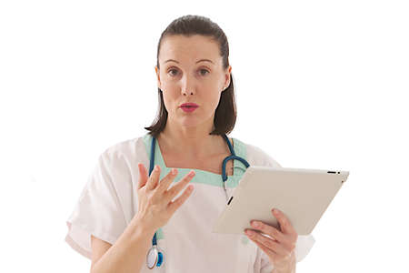 Female Doctor holding a digital tablet on white background 