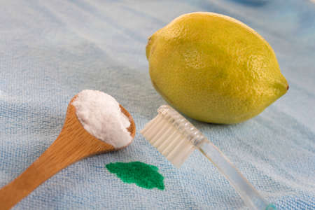 Sodium bicarbonate and Lemon  used for cleaning metal surfaces, dishes and clothesの写真素材
