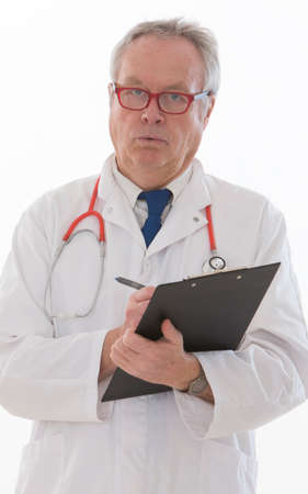 thoughtful doctor with clipboard on white background
