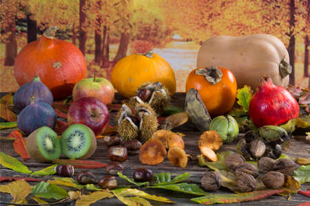 Fall fruit and vegetables on wood.の写真素材