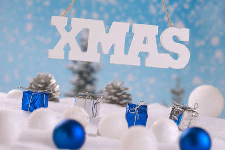 Blue and silver xmas decoration with copy spaceの写真素材