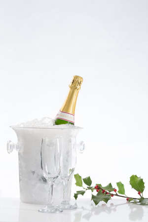 Bottle of champagne in bucket isolated on whiteの写真素材