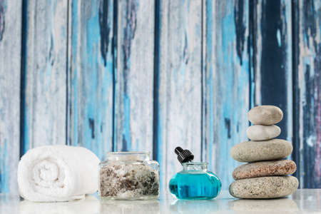 spa accessories with stones on white backgroundの写真素材