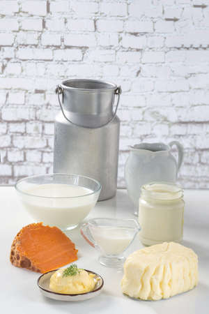dairy products on bright bacgroundの写真素材