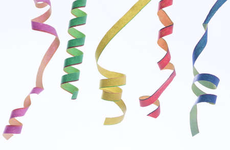 Streamers and confettion white and blue  backgroundの写真素材