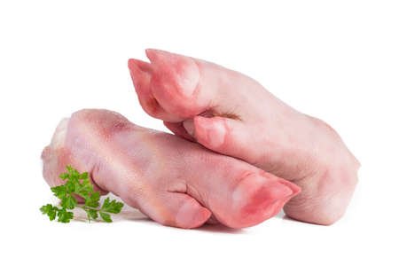 Raw pork legs with parsley on a white backgroundの写真素材