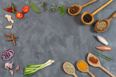slate board with vegetables, herbs and Spice collectionの写真素材