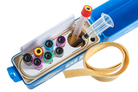 rack of blood tubes with name for proper identification in nurse at home box