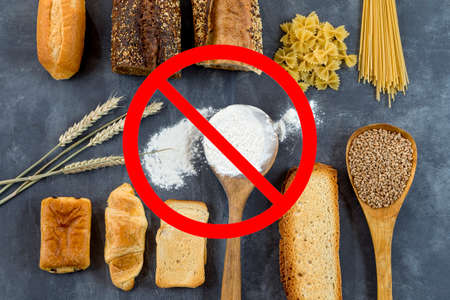 food non gluten free, with cerales grains on white with interdiction symbols