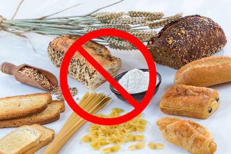 Food non gluten free, with cereals grains with interdiction symbolsの写真素材