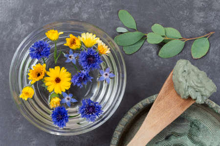 cosmetic clay and flower in glass bowl and branch of eucalyptus, for spa treatments, in ceramic plate mud on wooden spoon on grey slate backgroundの写真素材
