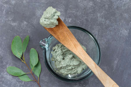 cosmetic clay in glass bowl and branch of eucalyptus, for spa treatments, mud on wooden spoon on...