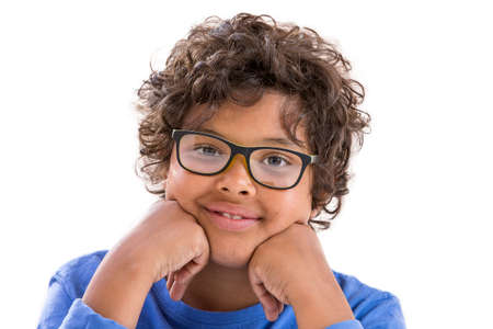 Portrait of handsome thoughtful caucasian boy in round glasses. Isolated on white backgroundの写真素材
