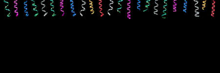 Panoramic festive image with rolls of curly ribons on top and multi coloured gift bags on the gound...