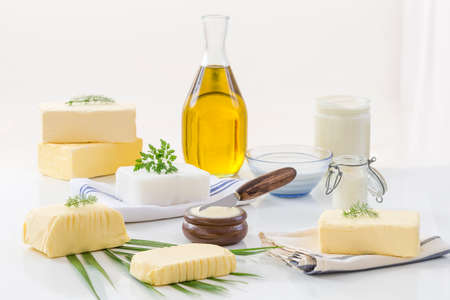 food Fats and oil : set of dairy product and oil and animal fats on a white background