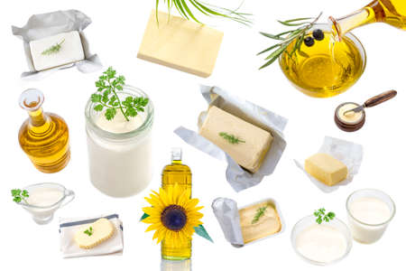 food Fats and oil : set of dairy product and oil and animal fats on a white backgroundの写真素材