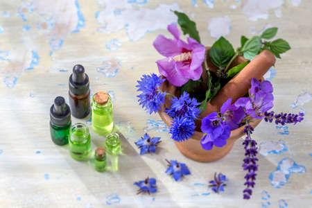 Herbal therapy. essential oils and medical flowers and herbs on old blue cracked wooden background...