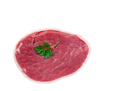 Top view of fresh raw beef steak isolated on white backgroundの写真素材