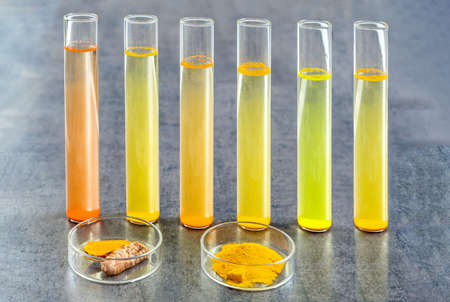 Test tube with mater and curcuma with turmeric powder and turmeric root on slate background